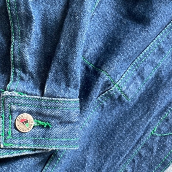Vintage 90's Cross Colours Hooded Denim Jacket Indigo Green Stitching Made USA - Picture 11 of 12